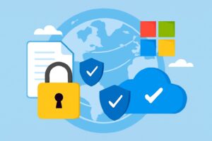 Illustration showing data protection, Microsoft cloud and cybersecurity symbols for global compliance and security