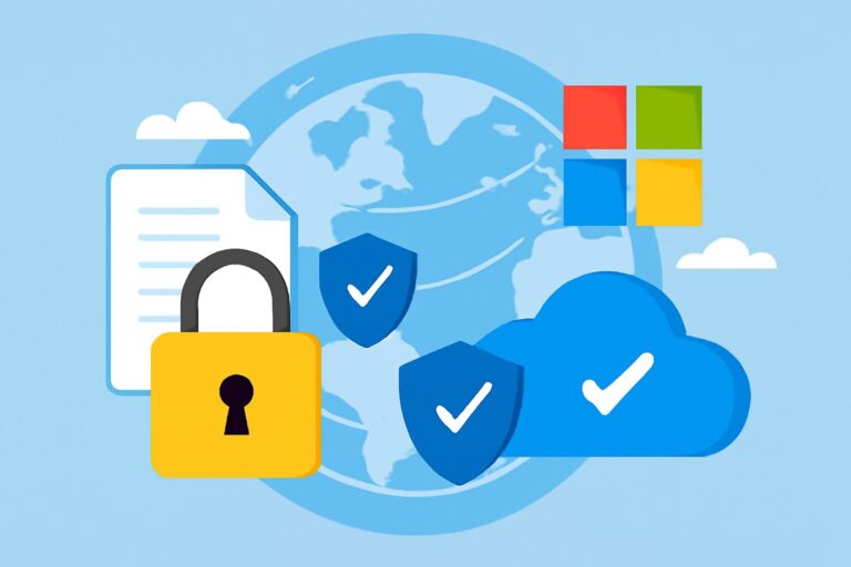 Illustration showing data protection, Microsoft cloud and cybersecurity symbols for global compliance and security