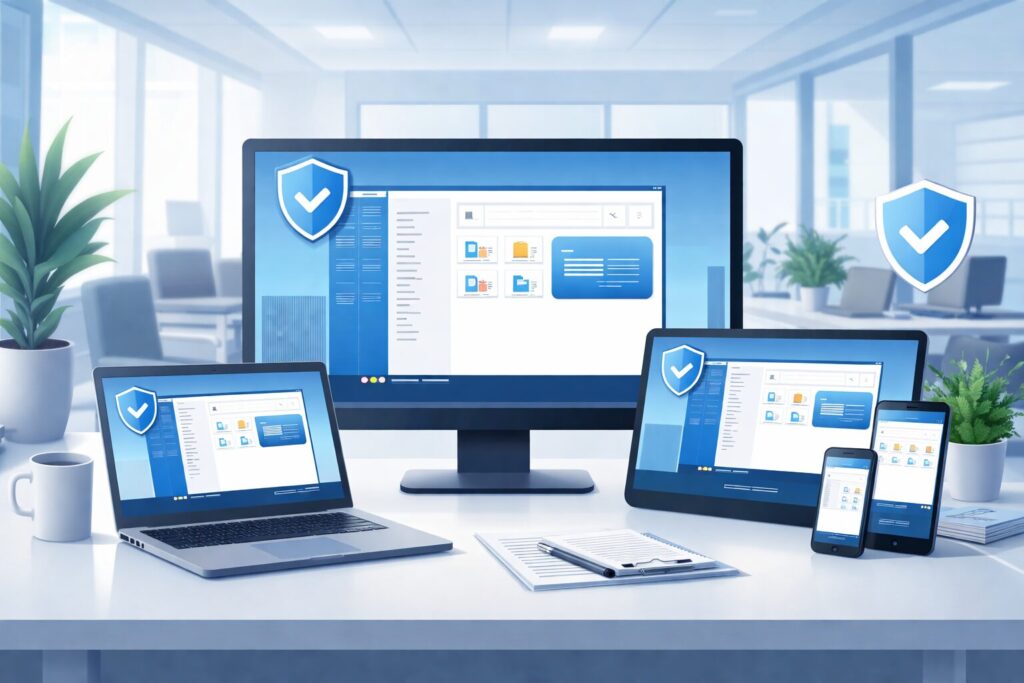 Illustration of secure remote desktop access in an enterprise with security and compliance elements