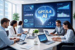 Professionals working in a modern office with laptops and large screens showing AI analytics representing GPT-5.4 capabilities