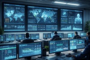 Network security operation center screens showing DNS logs and firewall alerts for AI agent traffic detection