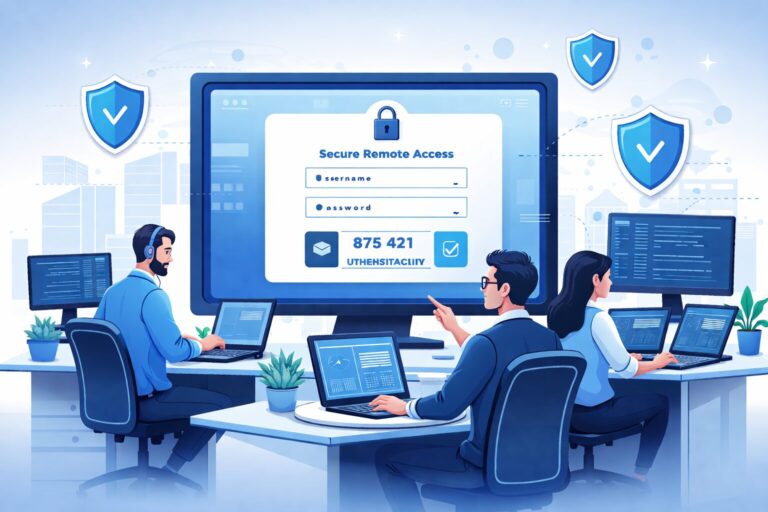 Digital illustration showing remote desktop session with cybersecurity elements and IT professionals collaborating safely