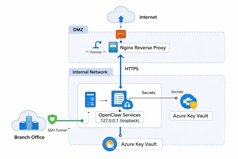 Diagram showing Azure VM with NSG, Nginx reverse proxy on port 443, OpenClaw services on localhost, Azure Key Vault, and SSH tunnel for branch access.