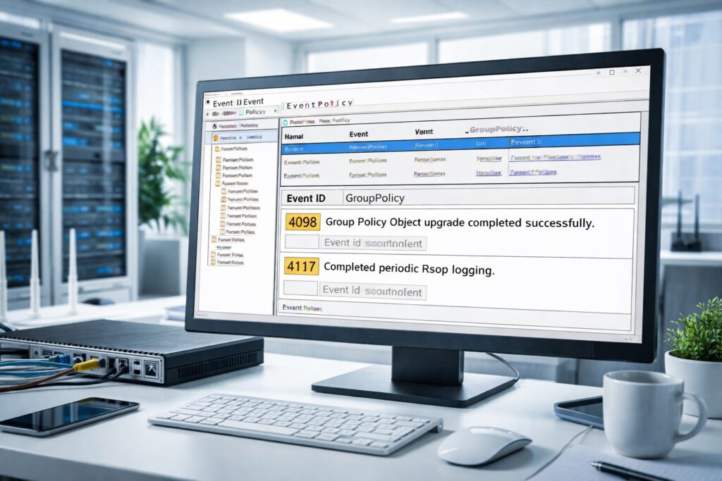 Computer screen displaying Windows Server 2025 event logs featuring Group Policy Preferences diagnostics events 4098 and 4117, set in a bright IT workspace