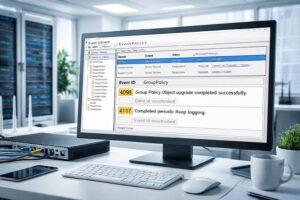 Computer screen displaying Windows Server 2025 event logs featuring Group Policy Preferences diagnostics events 4098 and 4117, set in a bright IT workspace