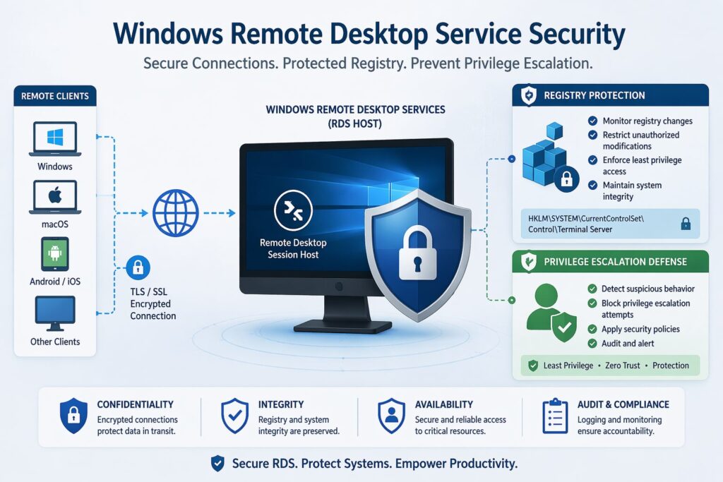 展示Windows远程桌面服务安全和注册表保护的专业插画