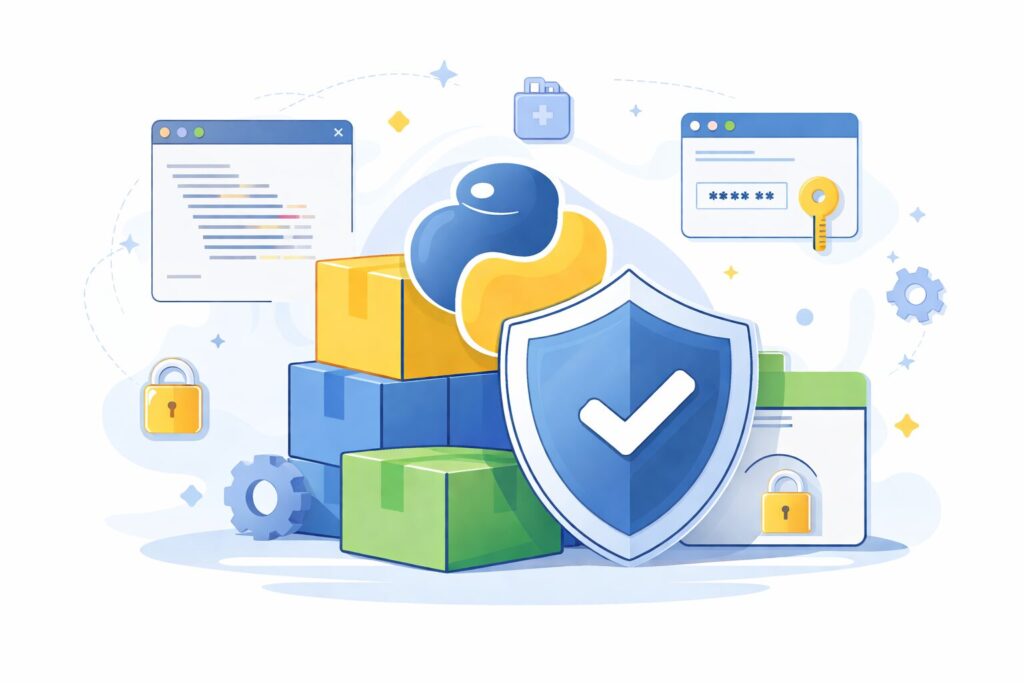 Abstract shield protecting Python packages and API keys symbolizing supply chain security
