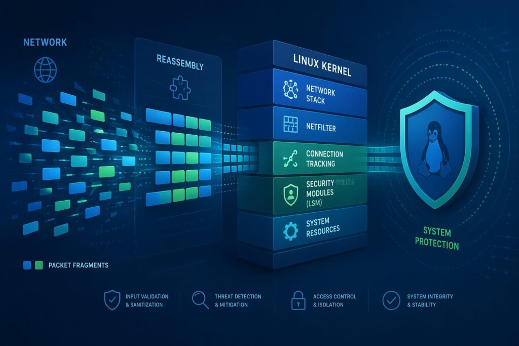 Abstract illustration depicting Linux kernel security with fragmented packet layers and shield