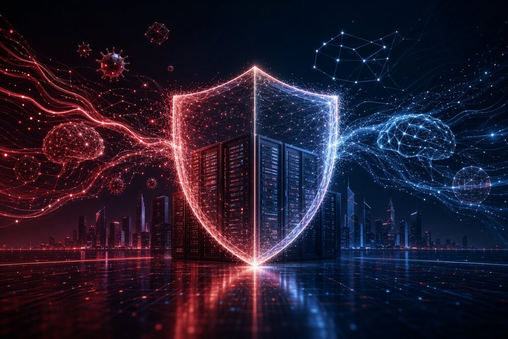 AI cybersecurity concept: digital shield protecting enterprise infrastructure