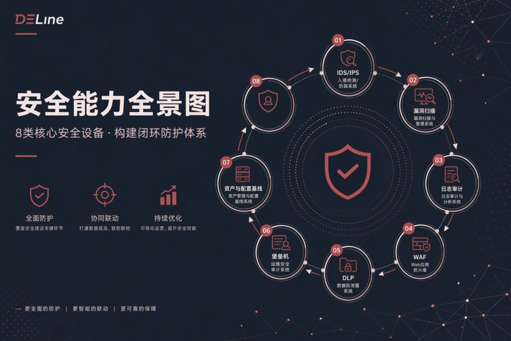 DELine diagram showing how common security tools connect detection, prevention, scanning, and auditing