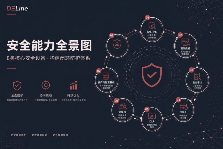 DELine：8类安全设备联动示意图（IDS/IPS/漏洞扫描/日志审计等）