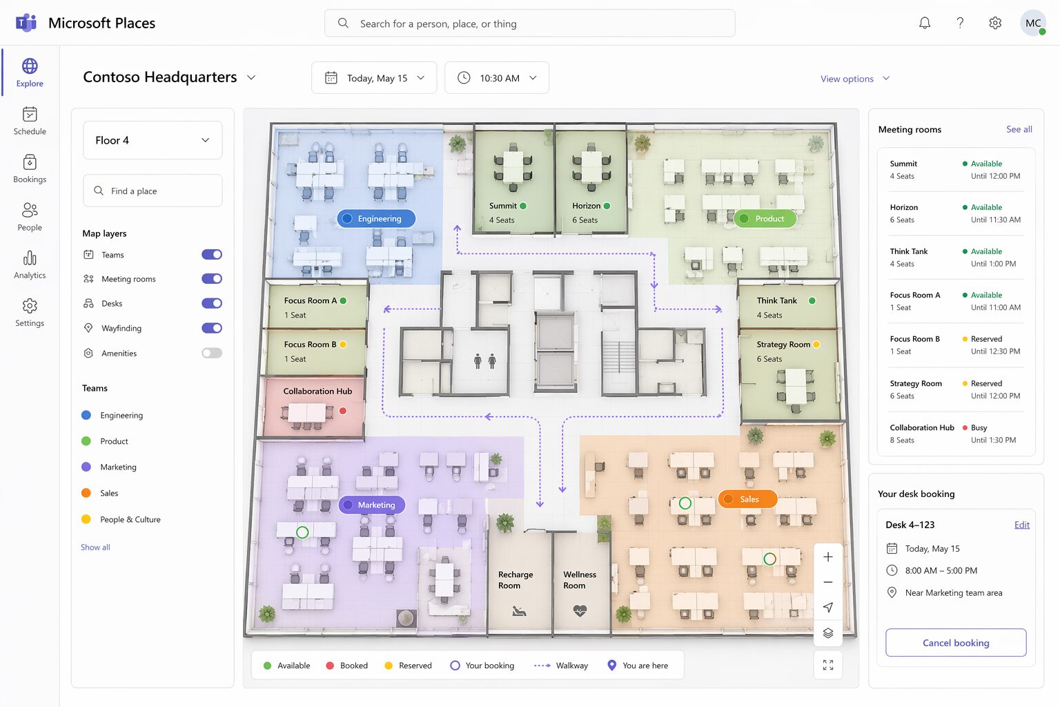 Microsoft Places 智能楼层地图界面示例