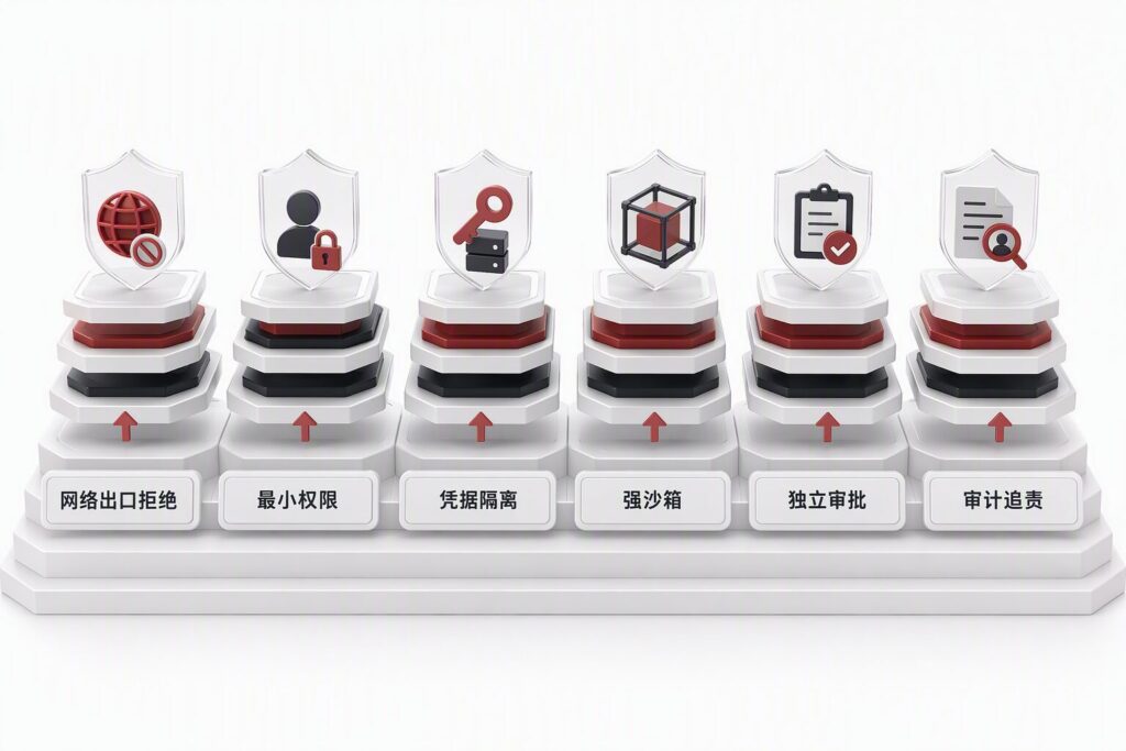 AI Agent 安全治理六层防御体系示意图 - DELine