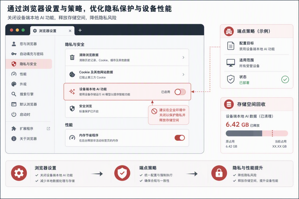 Chrome 本地 AI 功能关闭与企业终端策略检查示意图