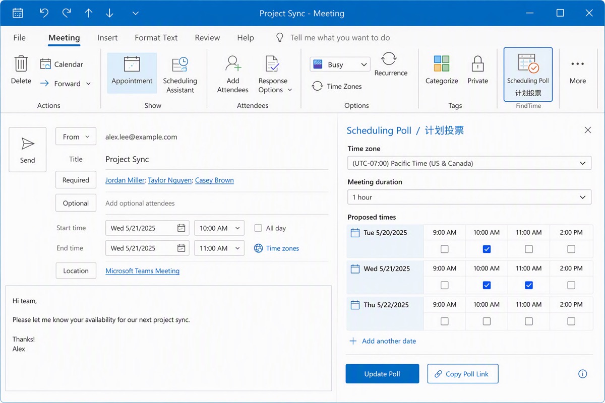 Outlook Meeting tab showing Scheduling Poll button with side panel configured with time zone, duration, and candidate time slots