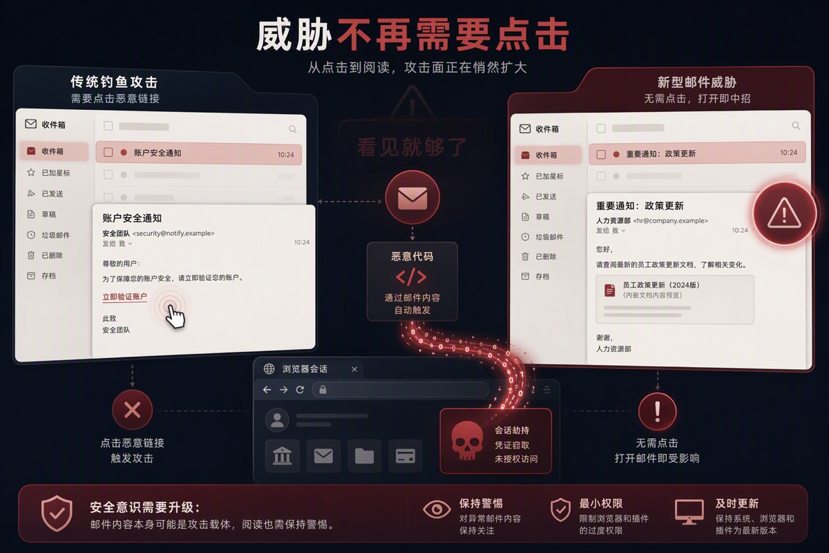 Zero-click phishing attack concept illustration - viewing an email triggers malicious code