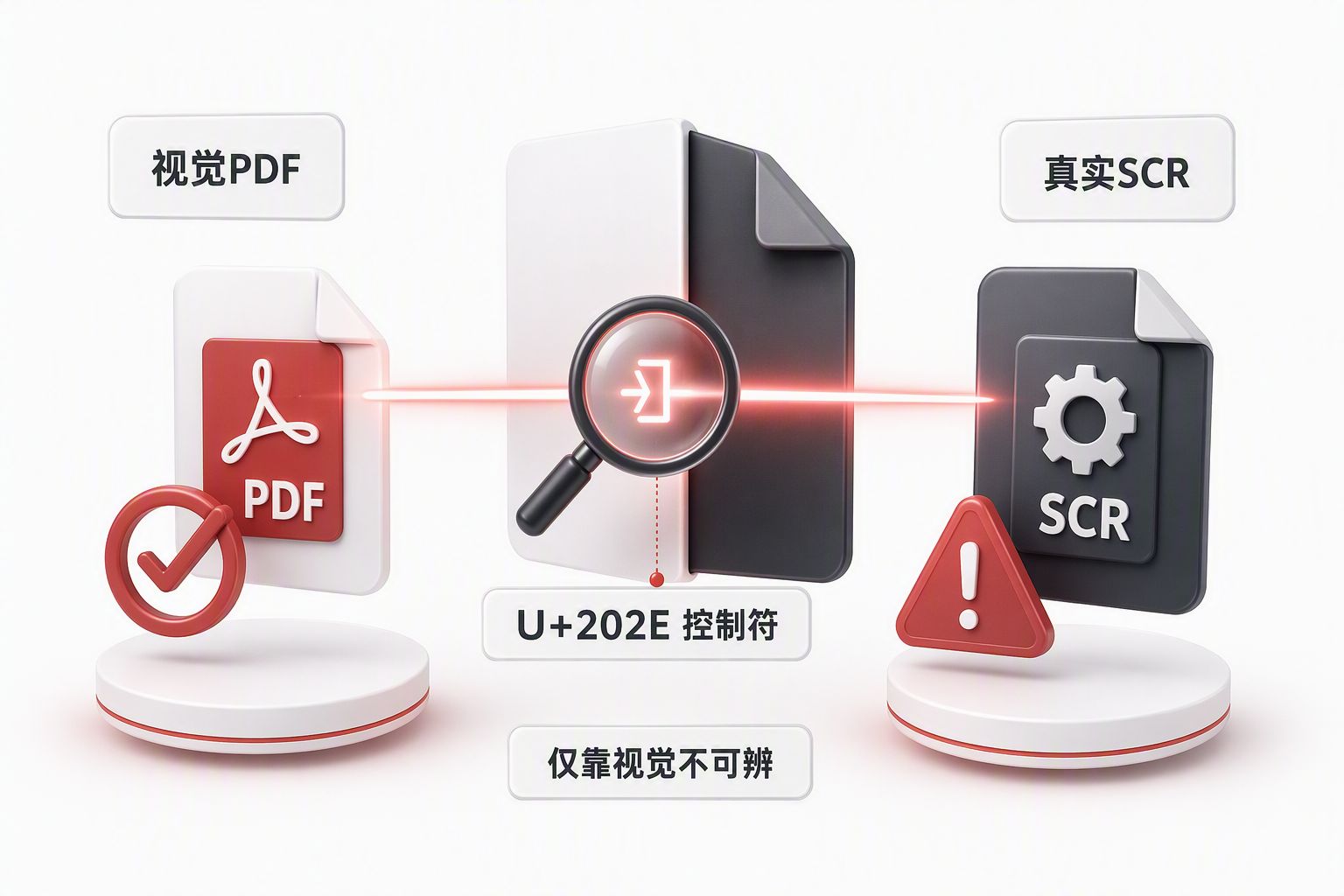 Unicode RLO phishing principle: visually appears as a PDF but is actually an executable, connected by the invisible U+202E control character