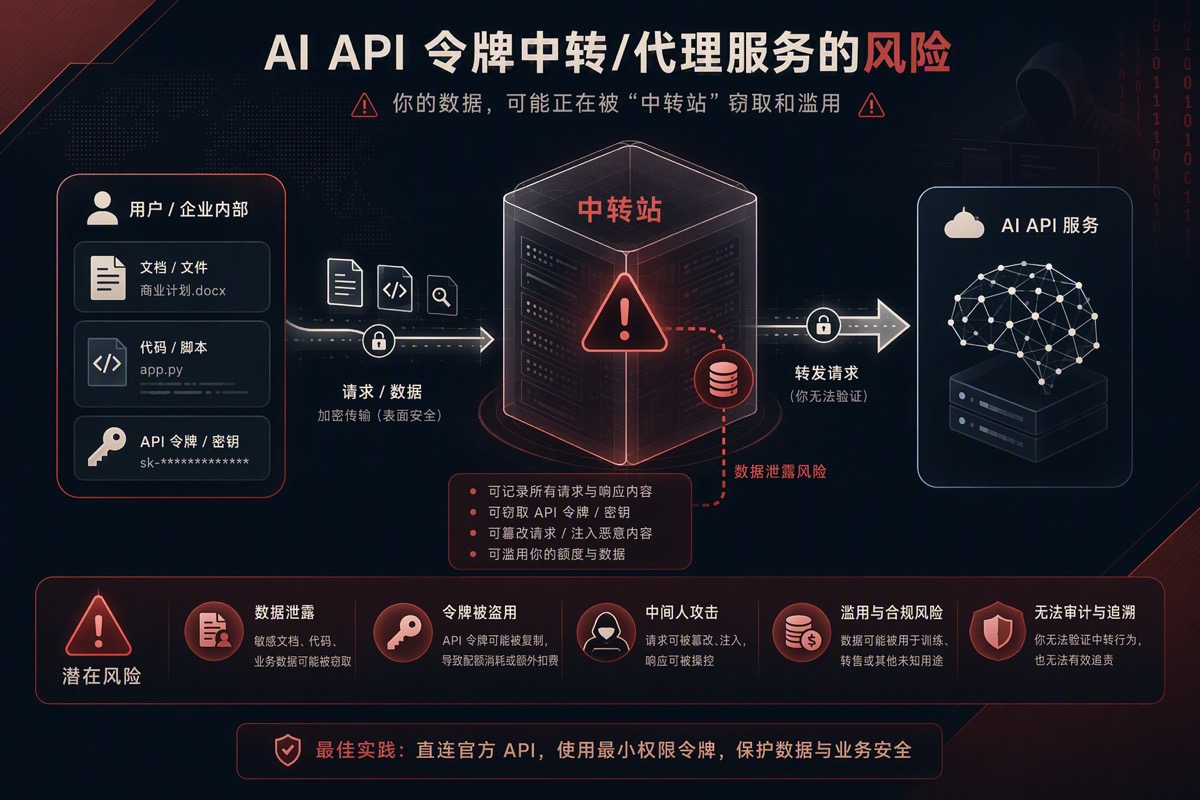 AI token relay service risk illustration - enterprise data passing through a middle-man server