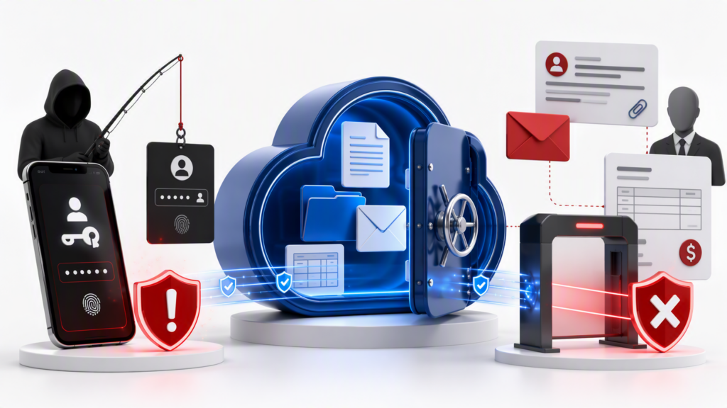 Microsoft 365 cloud storage and identity attack risk illustration