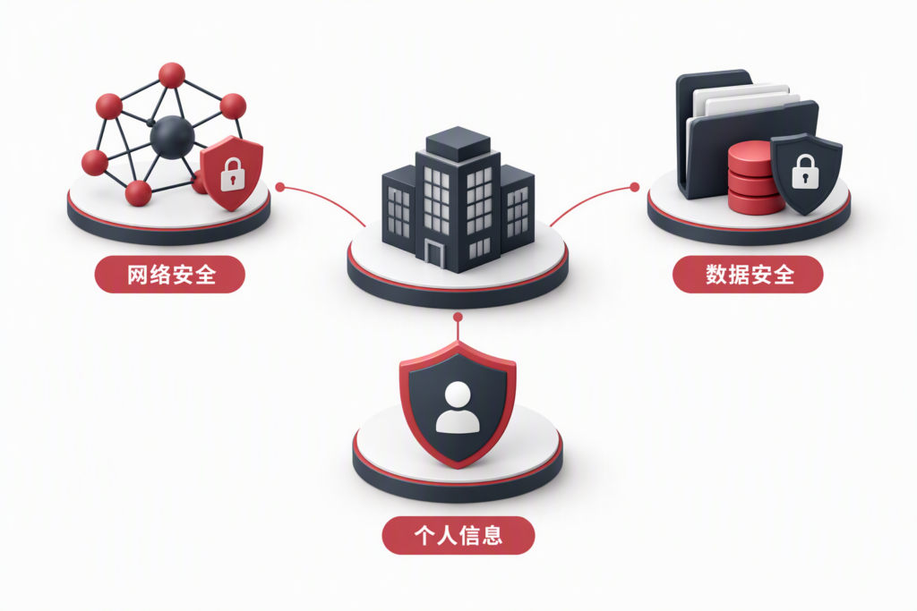 网络安全、数据安全与个人信息保护三类责任领域示意图
