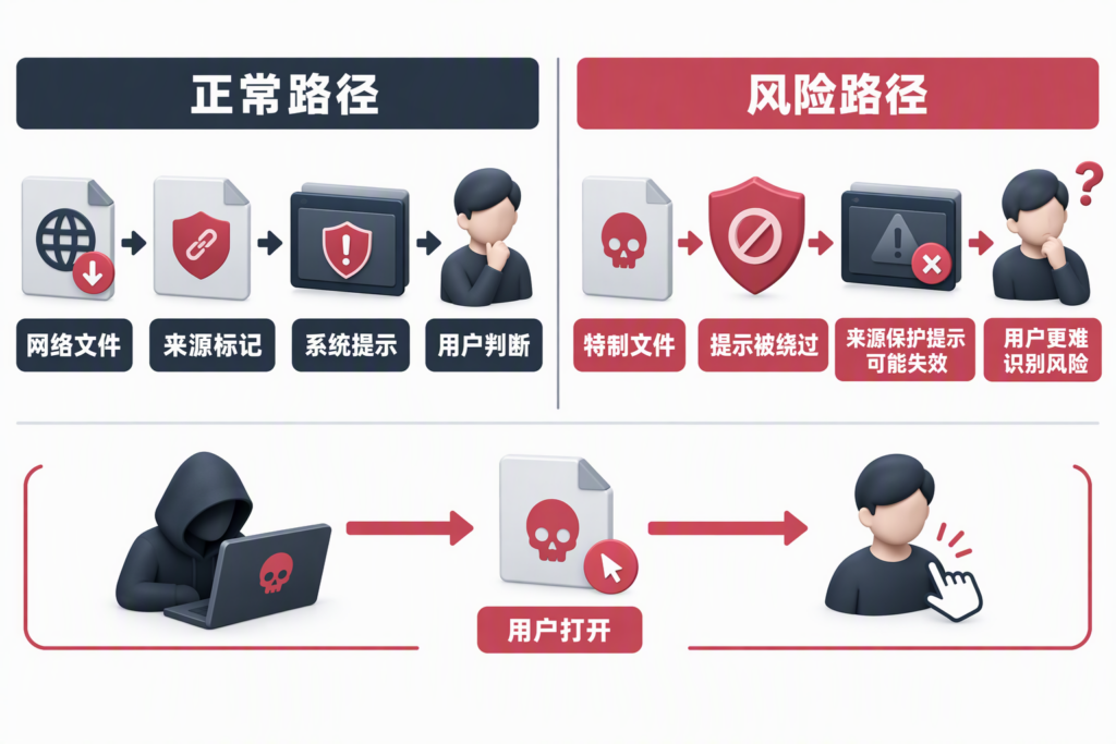 Comparison of a normal source-marker warning flow and a risk path in which a crafted file may bypass a warning
